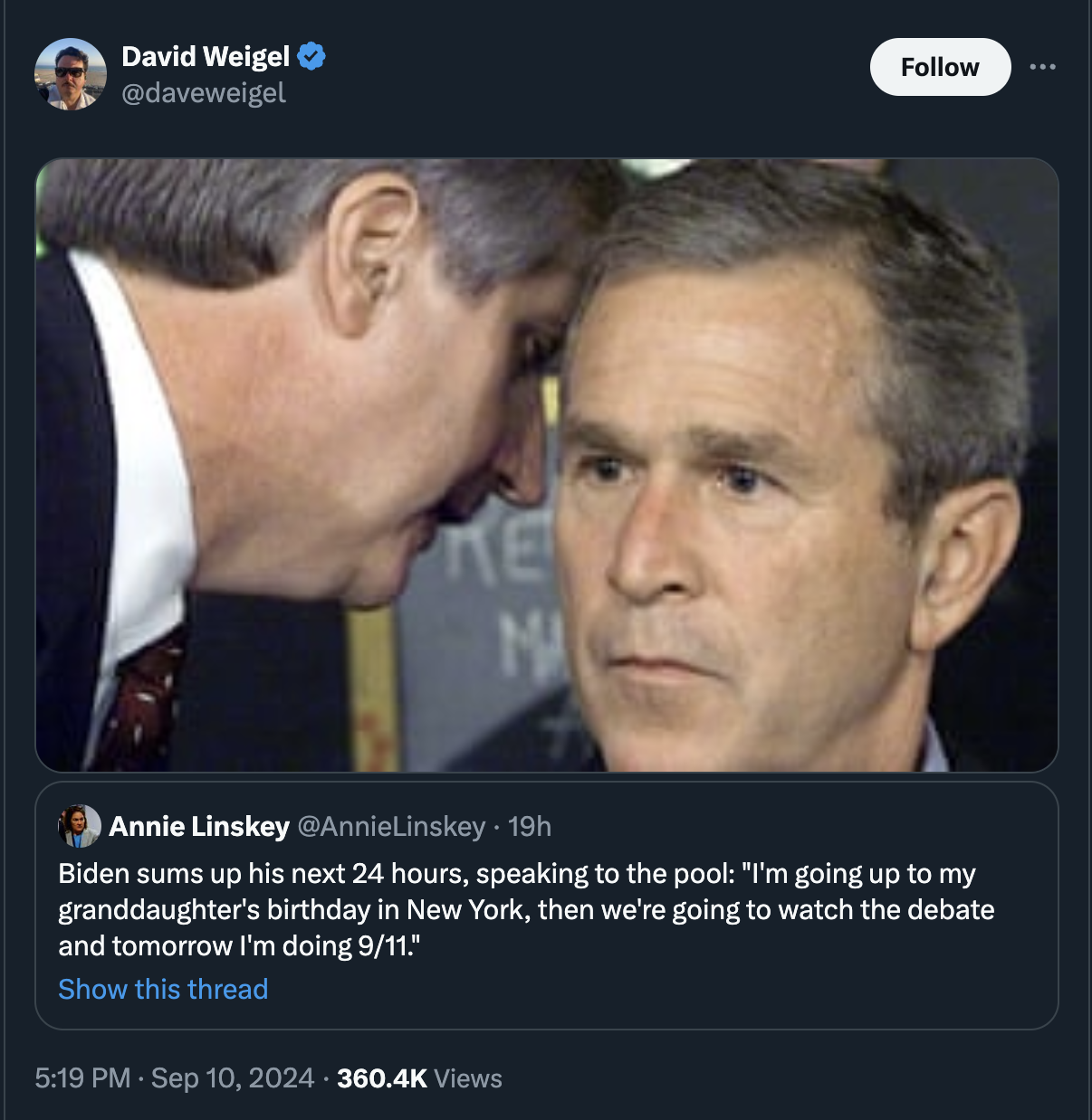 sir he's locked - David Weigel Ke He Annie Linskey 19h Biden sums up his next 24 hours, speaking to the pool "I'm going up to my granddaughter's birthday in New York, then we're going to watch the debate and tomorrow I'm doing 911." Show this thread Views